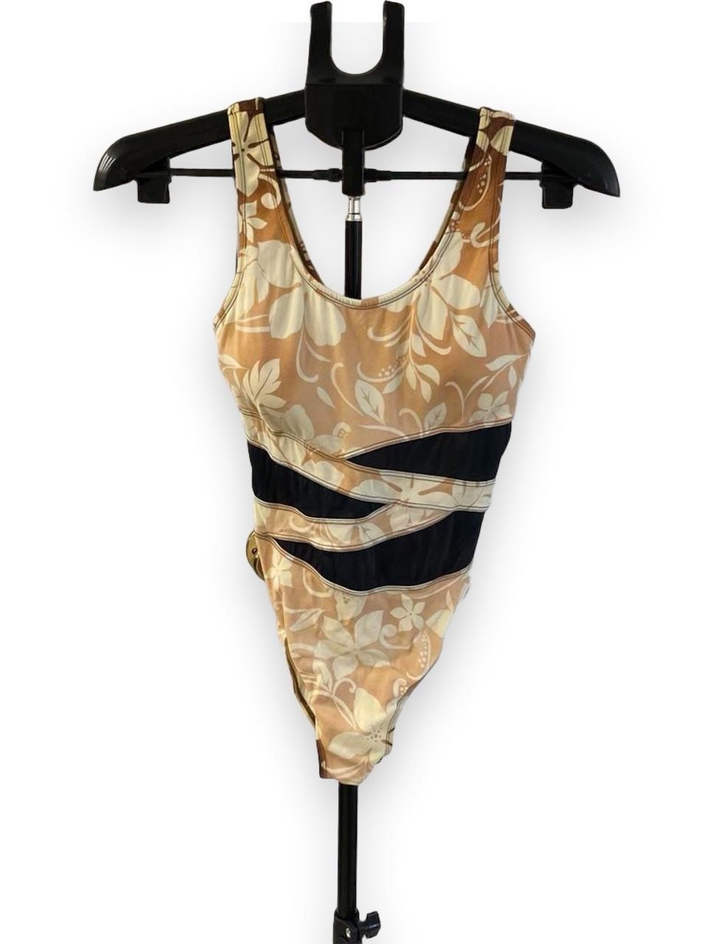 Kids Floral Tan and Black One-Piece Swimsuit